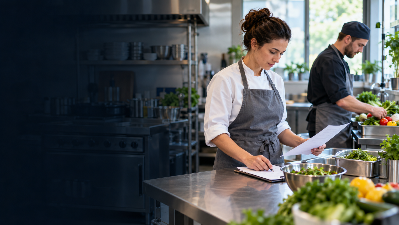 Food team member checking records in a commercial kitchen